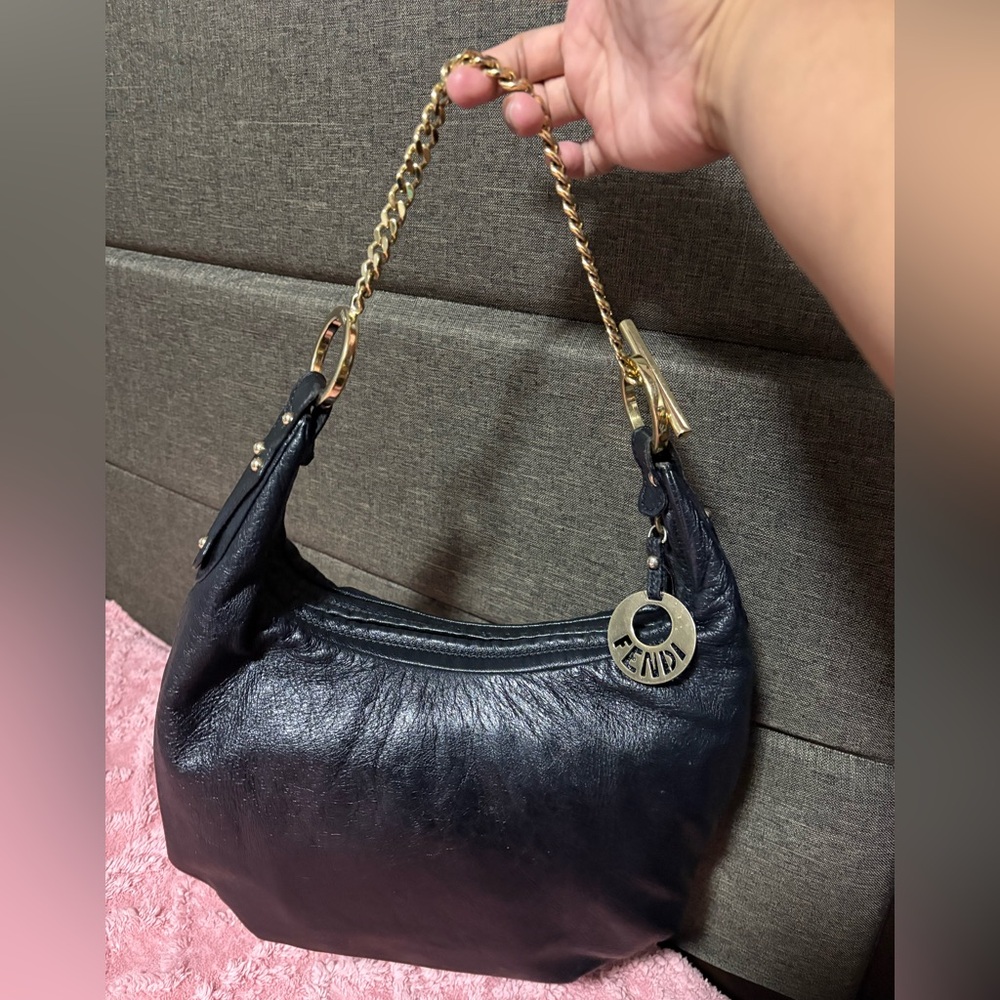 Fendi Black Leather Shoulder Bag with Gold Chain